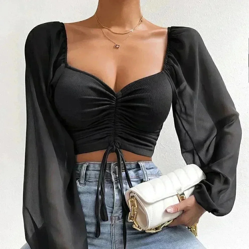 Black Casual Women's Sweetheart Neck Drawstring Lantern Sleeve Crop Top
